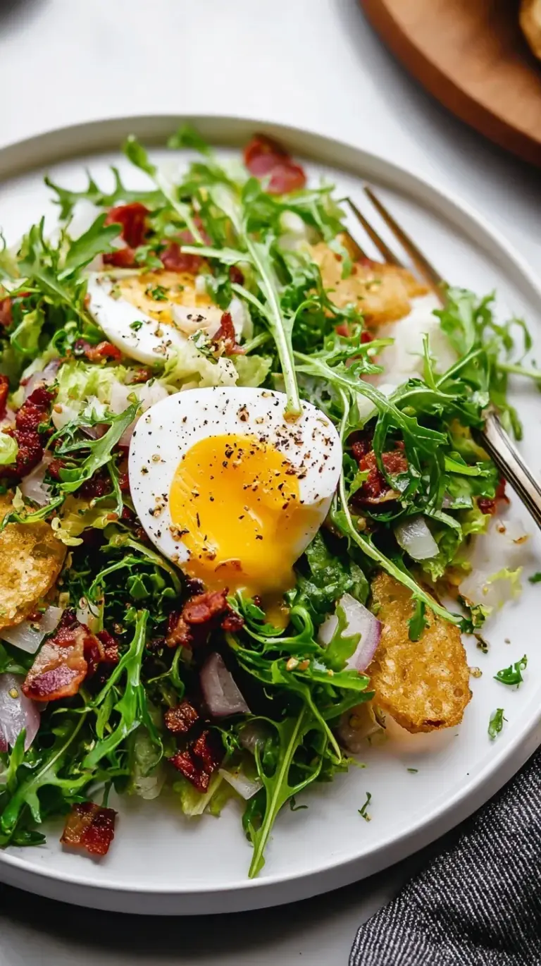 A classic Salad Lyonnaise in a white bowl with a poached egg on top and crispy bacon lardons.