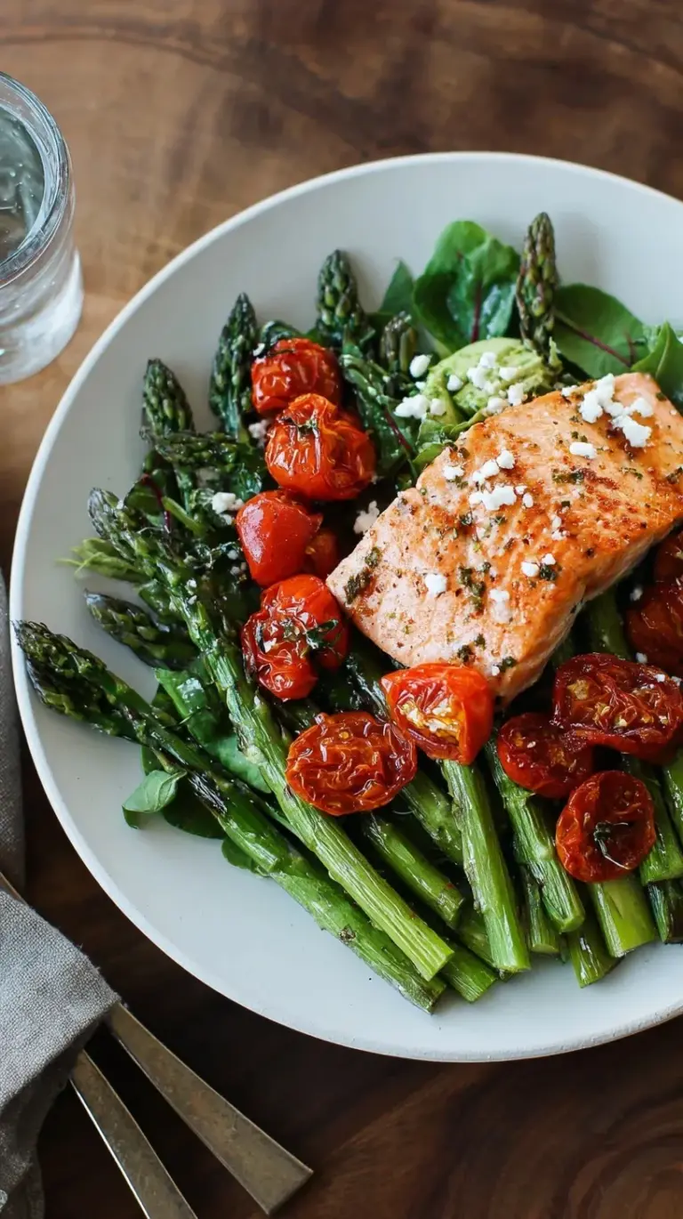 Pan-seared salmon fillet over mixed greens with asparagus and blistered cherry tomatoes