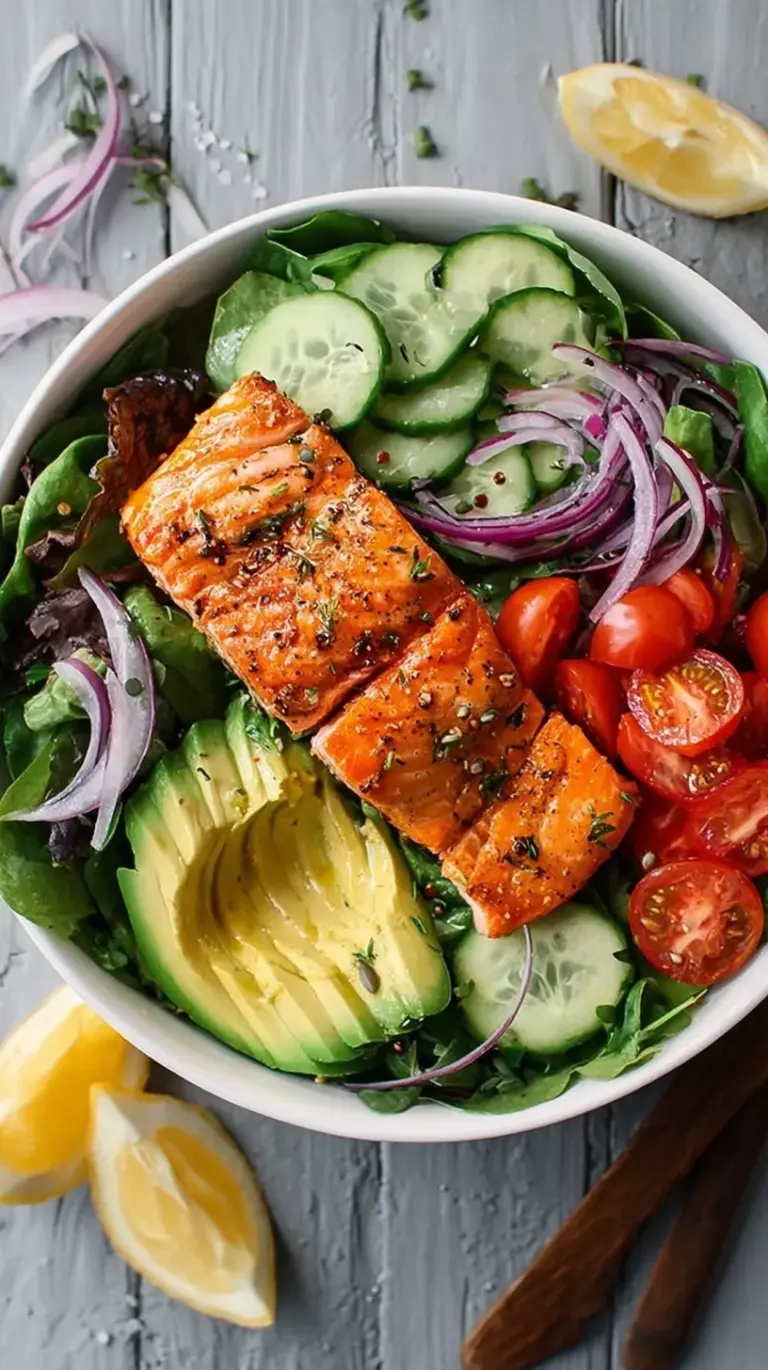 A vibrant bowl of Salmon Avocado Salad with flaky salmon, creamy avocado, cherry tomatoes, cucumber, and leafy greens.