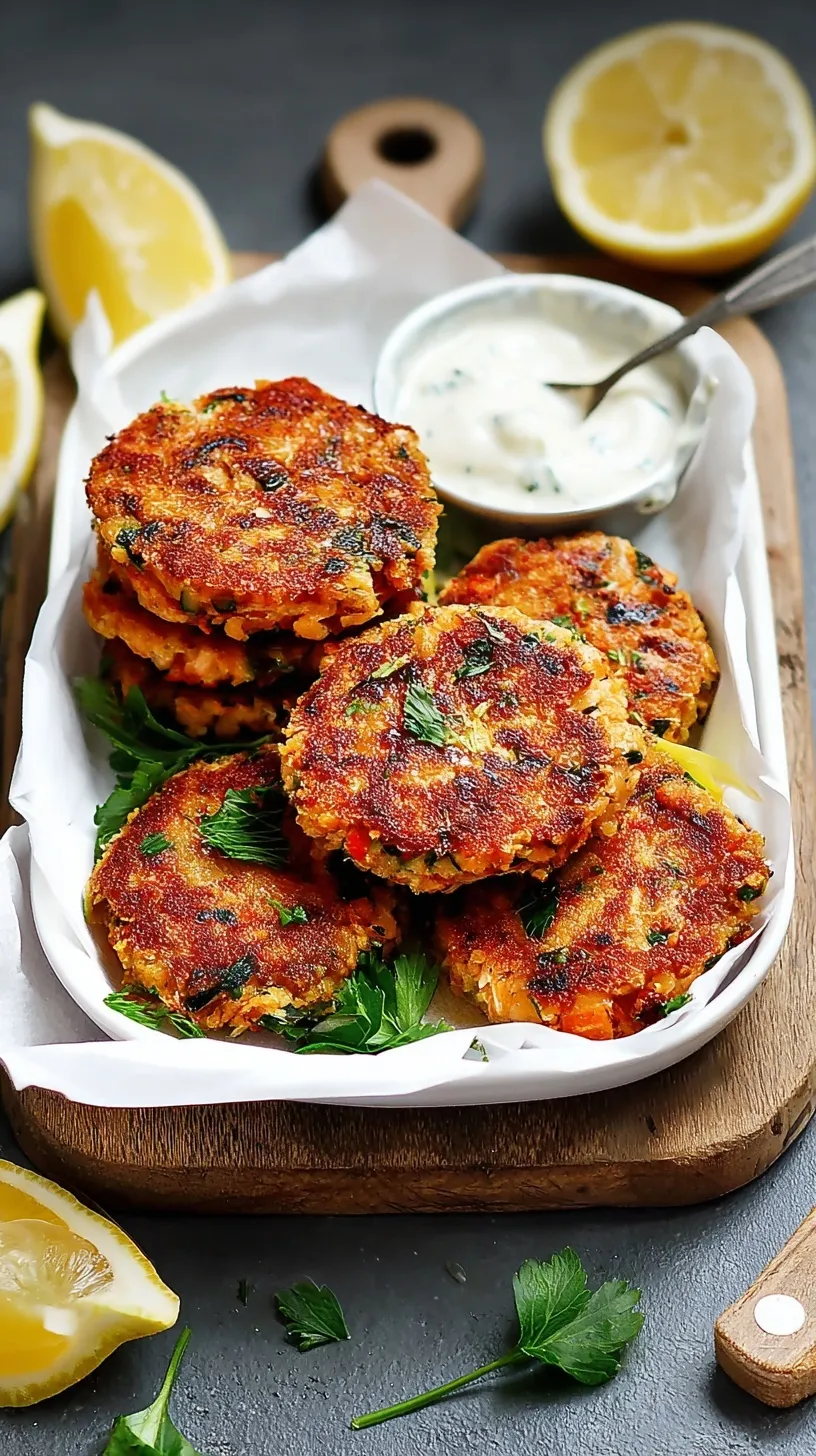 Golden-brown crispy salmon patties served on a plate with fresh lemon wedges and a sprinkle of dill.