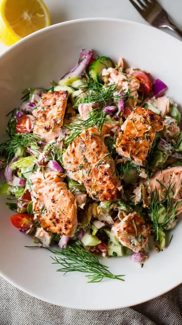 A vibrant bowl of homemade salmon salad with fresh dill, red onion, and celery, served on a bed of crisp lettuce.