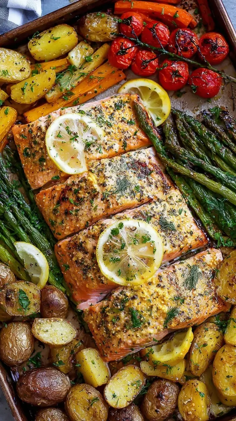 A colorful Salmon Sheet Pan Dinner with roasted potatoes, asparagus, and lemon slices on a parchment-lined tray.