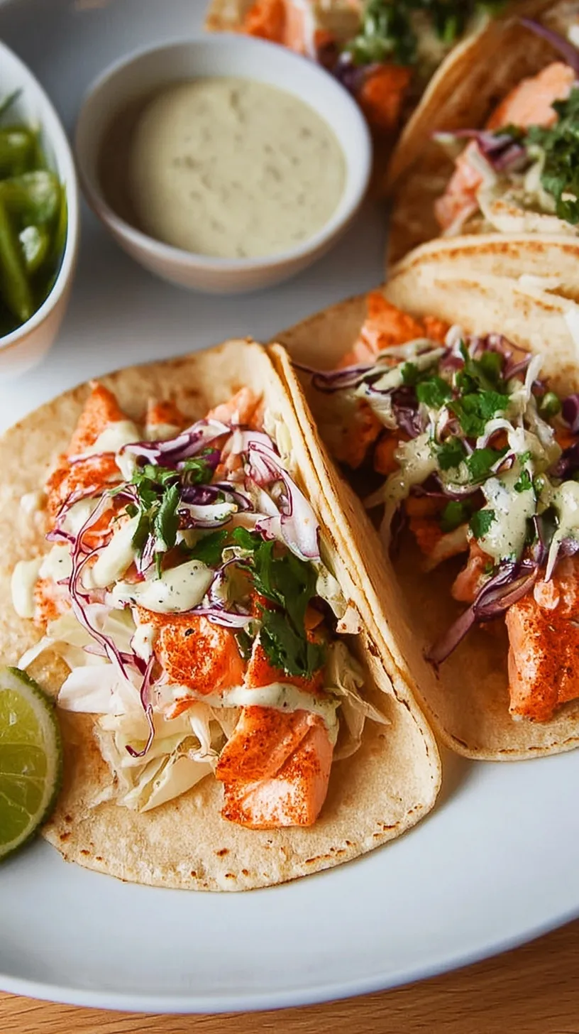 Fresh pan-seared salmon tacos topped with green cabbage slaw and avocado crema on corn tortillas.