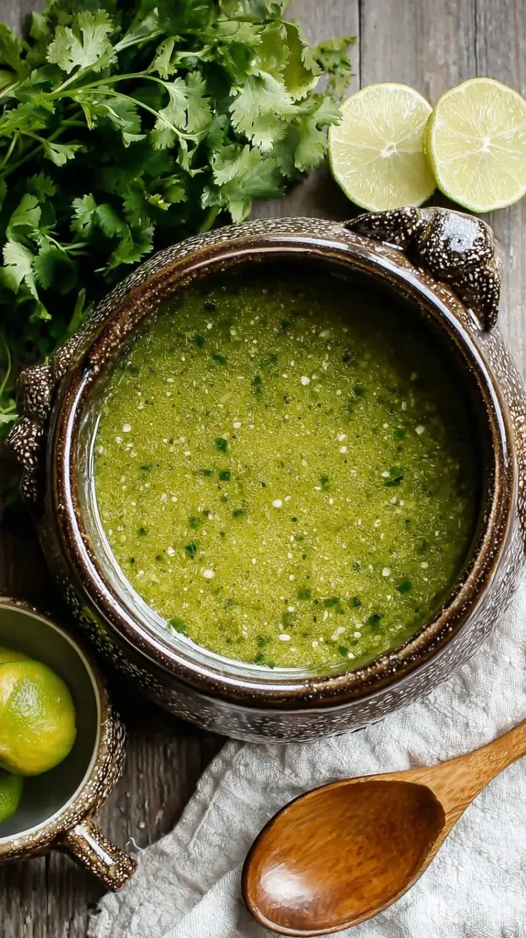 A bowl of fresh, vibrant green salsa verde with roasted tomatillos and cilantro