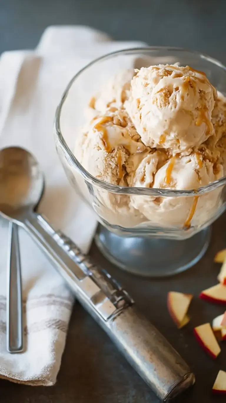 A scoop of creamy Salted Caramel Apple Pie Ice Cream, garnished with cinnamon and apple slices, in a rustic bowl. Paleo, vegan, dairy-free.