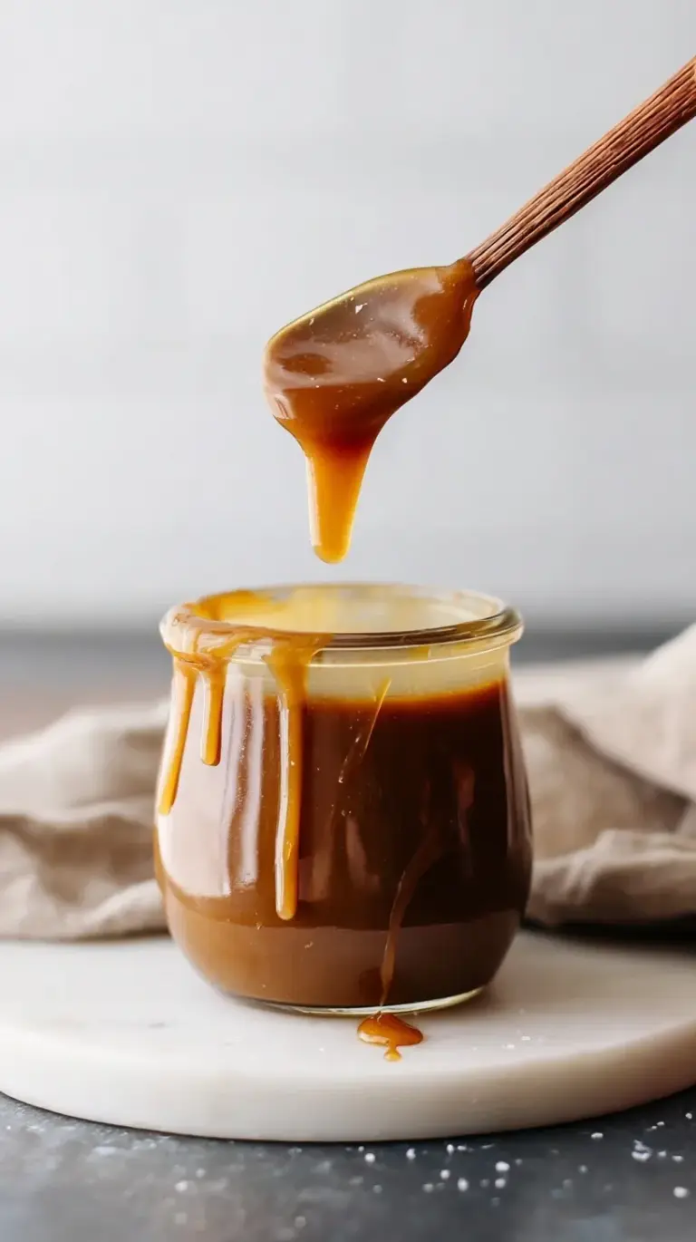 A glass jar of thick, golden vegan salted caramel sauce with a spoon dipping in.