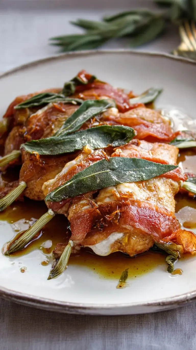 Pan-seared Saltimbocca Alla Romana with prosciutto and fresh sage in a white wine sauce.