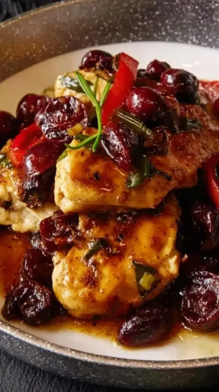A pan of golden sautéed chicken breasts topped with a dark balsamic cranberry sauce and fresh rosemary sprigs.