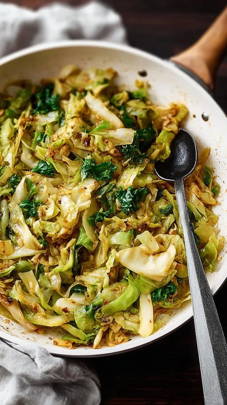 A close-up of a skillet filled with perfectly golden and tender sautéed cabbage, garnished with fresh parsley.