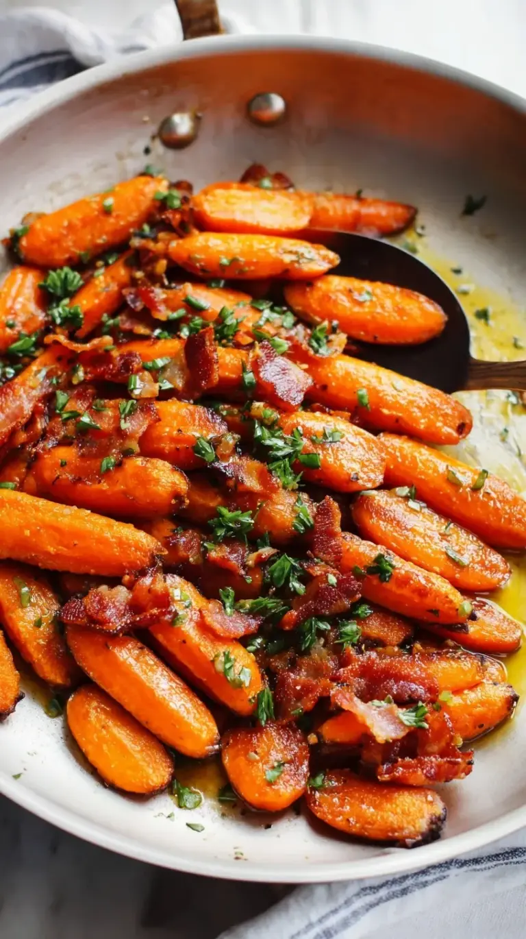 Golden sautéed carrots rounds tossed with crispy bacon bits and fresh green parsley in a dark skillet.