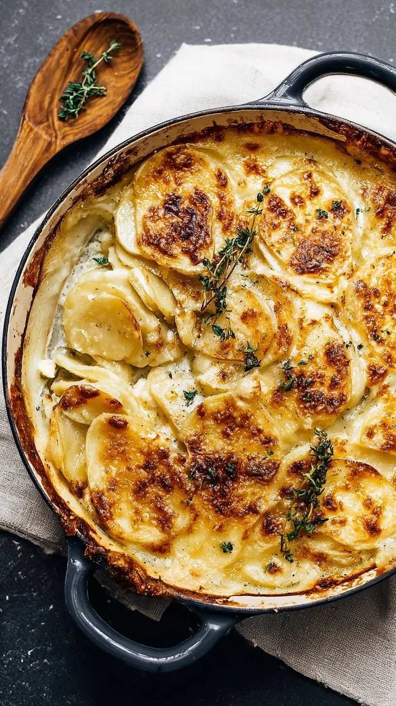A golden brown casserole dish filled with creamy sliced scalloped potatoes and fresh thyme.