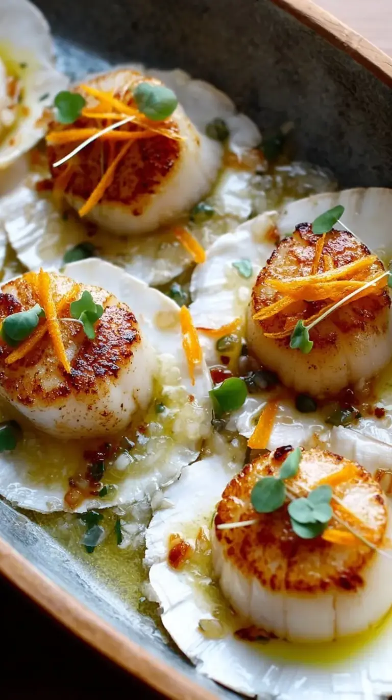 Golden pan-seared scallops drizzled with bright citrus ginger sauce, garnished with fresh herbs on a white plate.