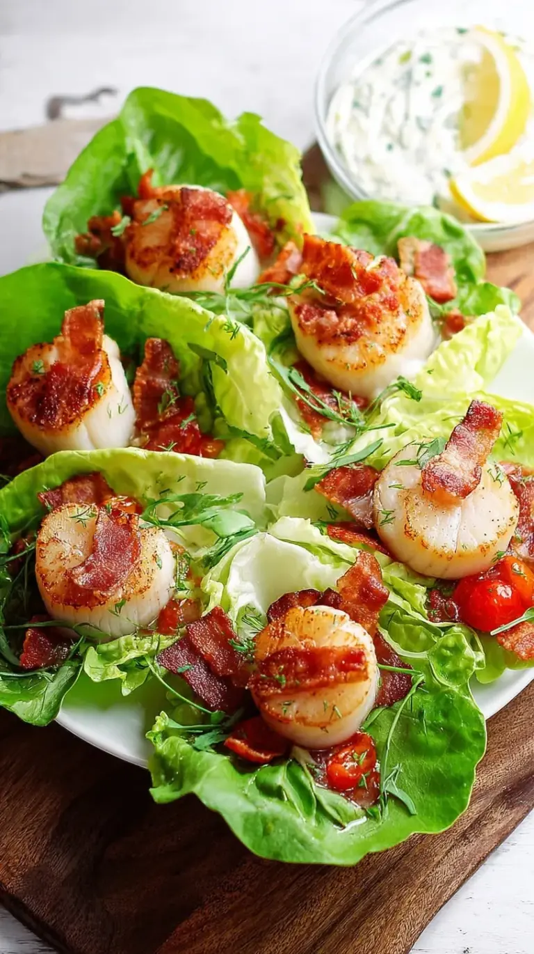Pan-seared sea scallops with crispy bacon and tomatoes in butter lettuce cups