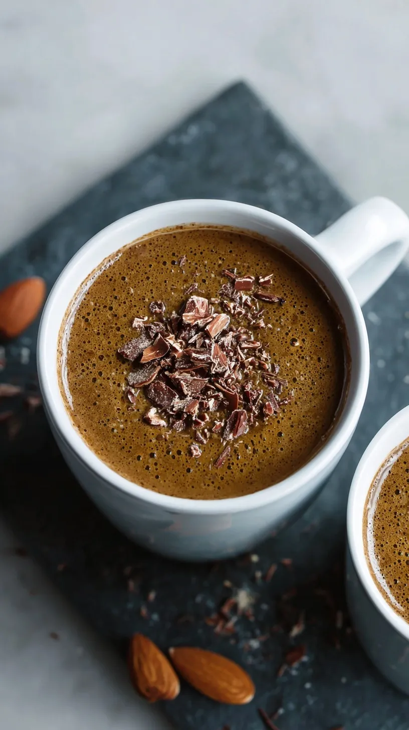 A frothy mug of superfood hot chocolate topped with a sprinkle of cinnamon on a cozy wooden table.
