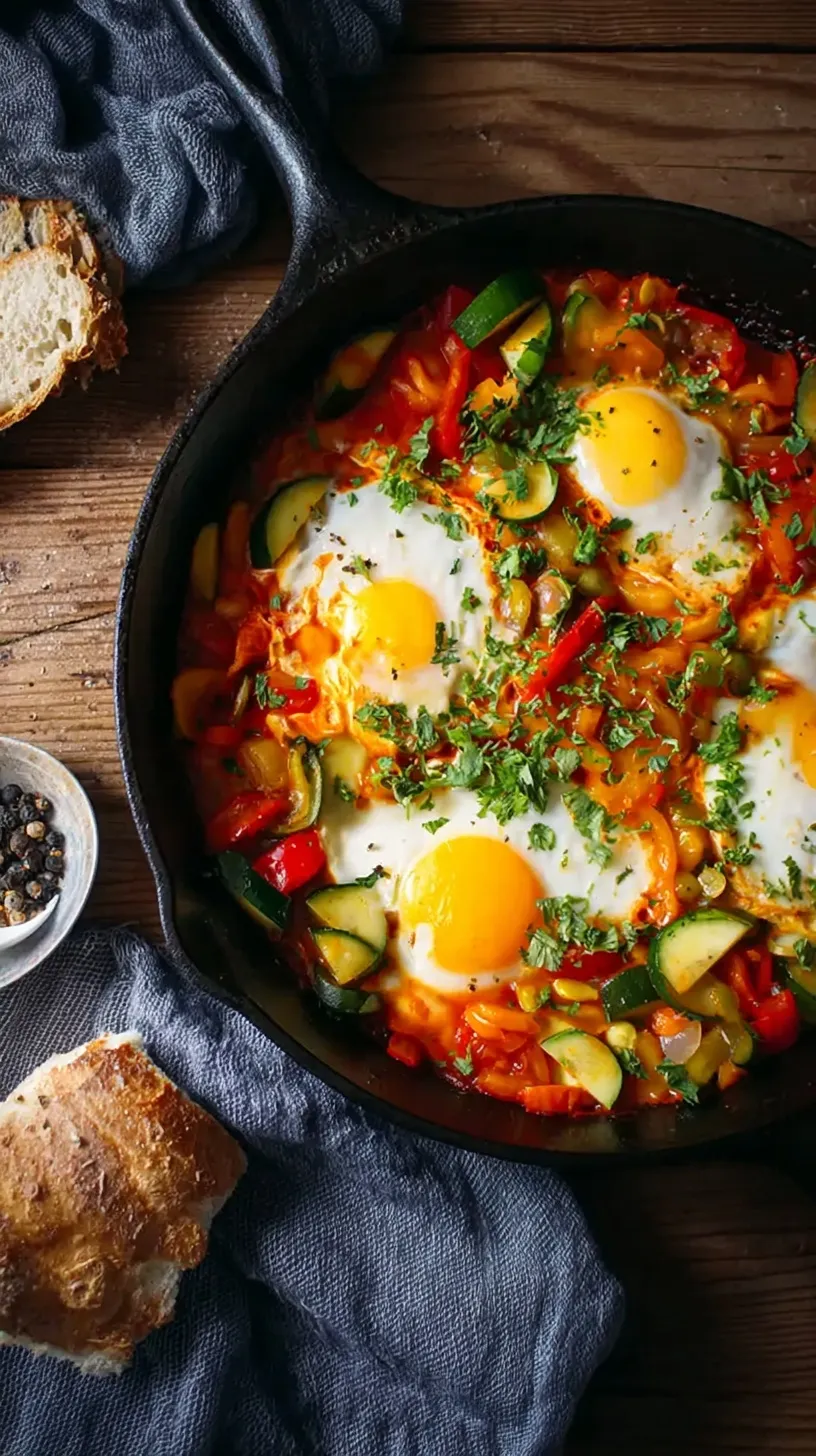 A cast iron skillet filled with red tomato sauce, green spinach, peppers, and four poached eggs topped with feta.