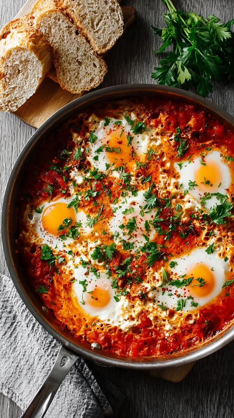 A close-up of a vibrant Shakshuka dish with perfectly poached eggs nestled in a rich, aromatic tomato and pepper sauce, garnished with fresh parsley.