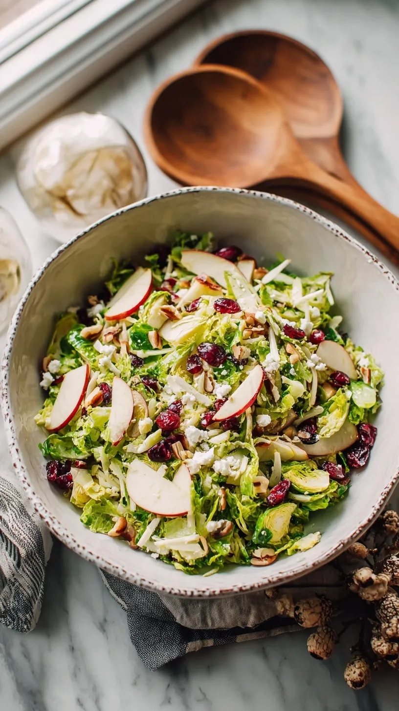 A large wooden bowl filled with thinly shaved Brussels sprouts, sliced apples, dried cranberries, and toasted walnuts.