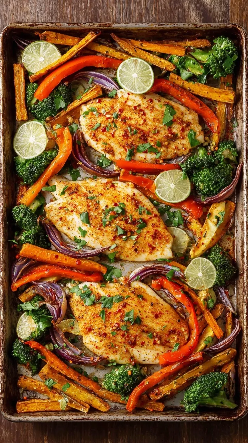 A colorful sheet pan with roasted tilapia fillets, red and yellow bell peppers, zucchini, and red onions garnished with lime wedges and cilantro.