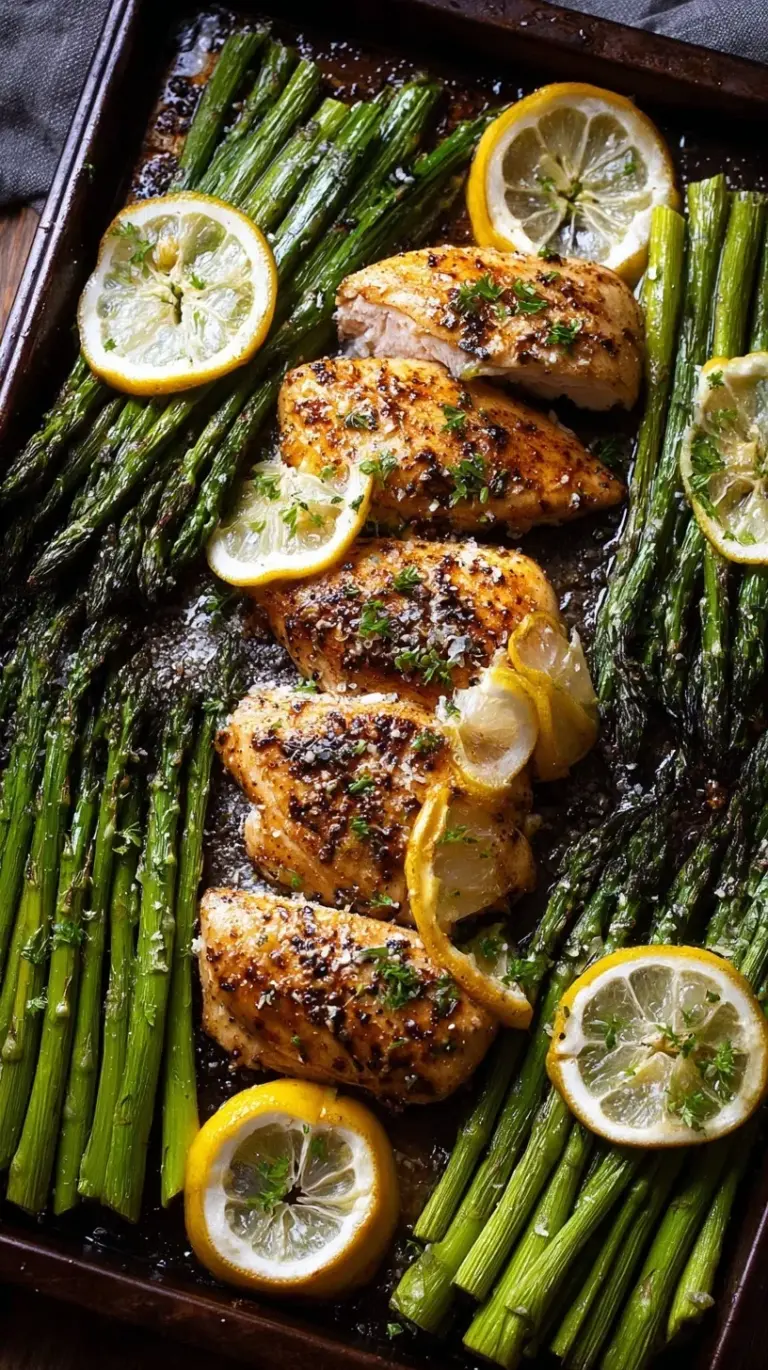 A sheet pan filled with roasted cubed chicken, green asparagus, and lemon slices drizzled in garlic butter.
