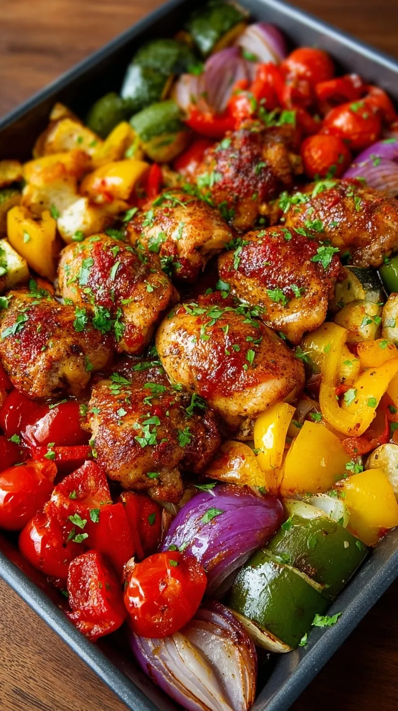 A colorful sheet pan with honey chili chicken, broccoli, and bell peppers
