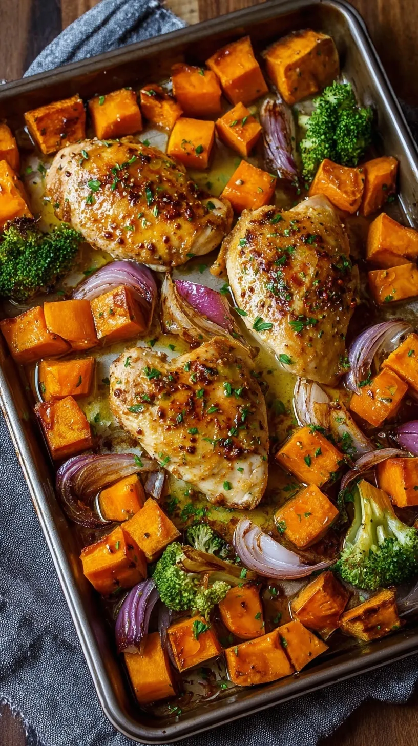 Golden brown maple glazed chicken thighs with roasted sweet potatoes and red onions on a sheet pan.