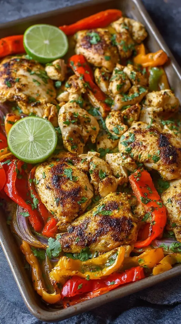 Golden roasted cilantro lime chicken strips with colorful bell peppers and red onions on a baking sheet.