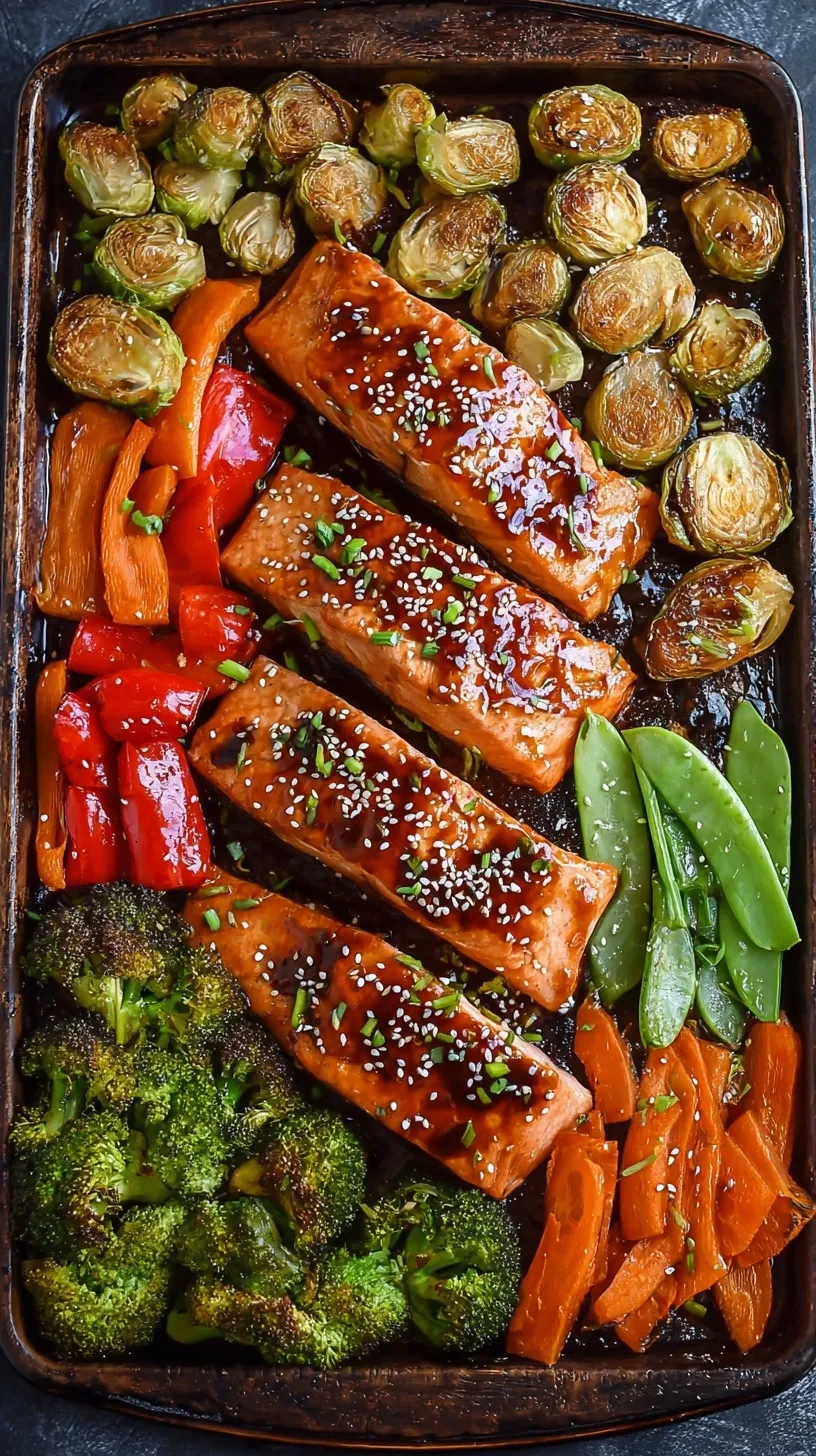Oven-roasted teriyaki salmon fillets with broccoli, peppers, and zucchini on a parchment-lined sheet pan.