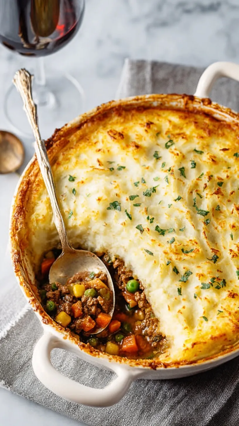 A golden-brown classic Shepherd's Pie in a baking dish, topped with fluffy mashed potatoes and fresh parsley.
