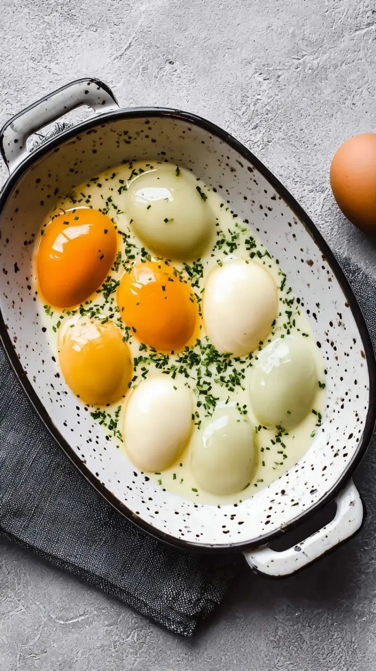 Two white ramekins containing perfectly baked shirred eggs topped with fresh green chives on a wooden tray.