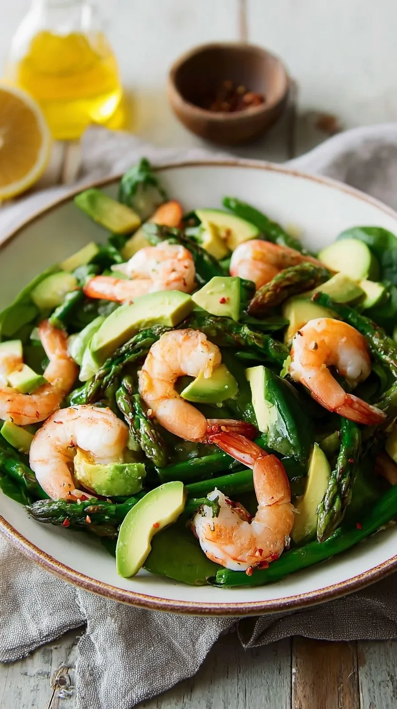 A close-up of a vibrant Shrimp, Asparagus and Avocado Salad in a white bowl, garnished with fresh herbs and a lemon wedge.
