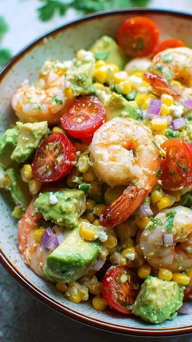 A bright bowl of Summer Shrimp Salad with charred corn, avocado, and cherry tomatoes