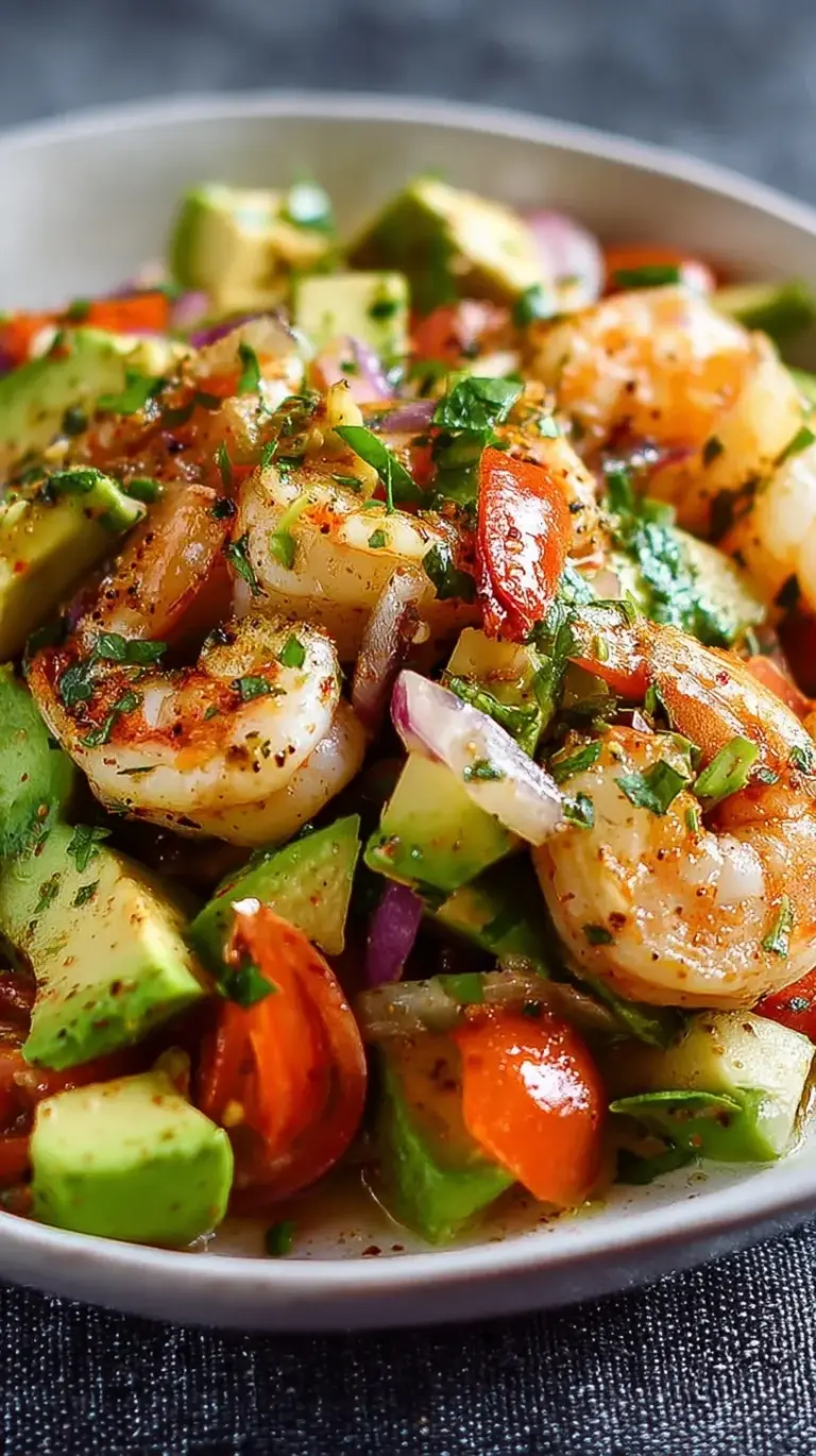 A bright glass bowl filled with chilled shrimp, diced avocado, cherry tomatoes, and cucumber in a lime dressing.