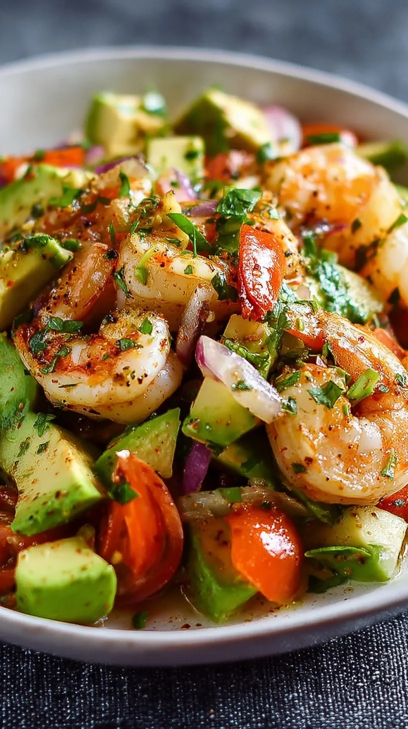 A bright glass bowl filled with chilled shrimp, diced avocado, cherry tomatoes, and cucumber in a lime dressing.