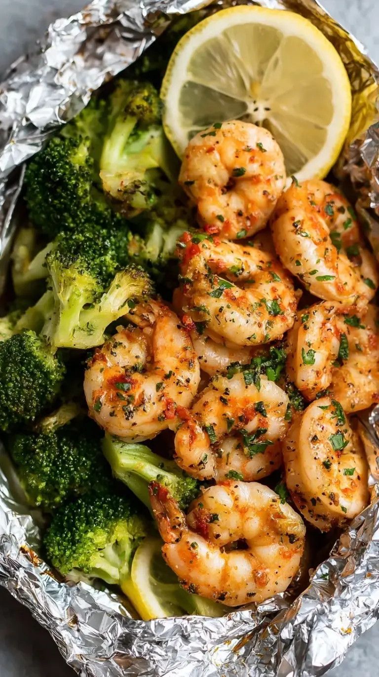 Four aluminum foil packets opened to reveal steamed shrimp, broccoli, and red peppers with lemon slices.
