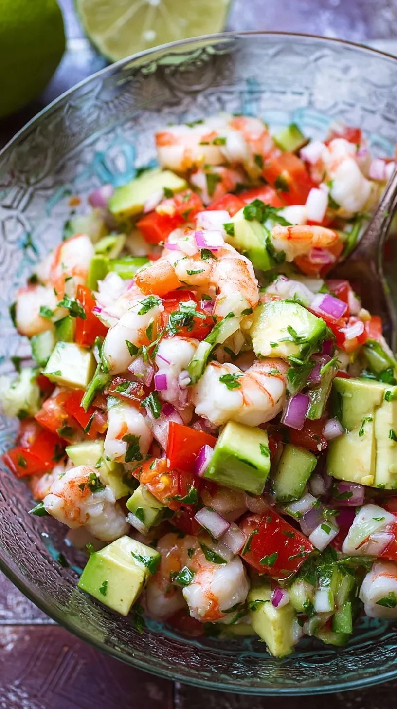 A bowl of fresh shrimp ceviche with lime, cucumber, and avocado garnish