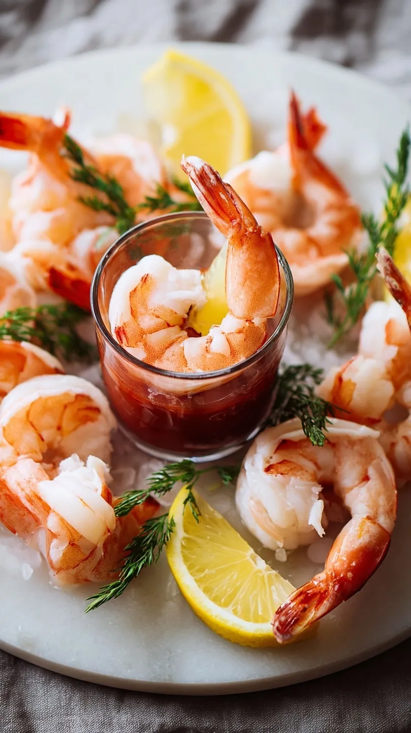 A beautiful platter of Classic Shrimp Cocktail with plump, pink shrimp arranged around a bowl of vibrant red cocktail sauce.