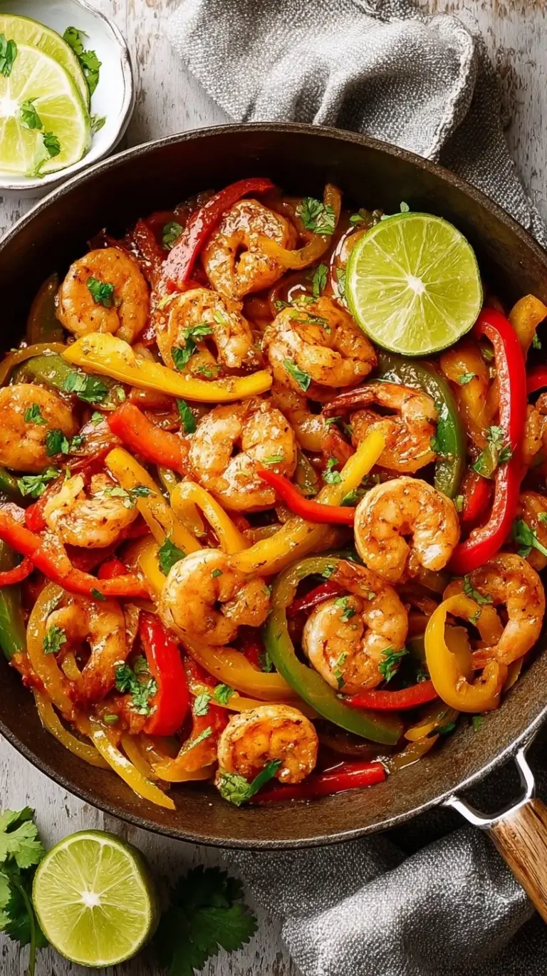 A close-up of sizzling shrimp fajitas with colorful bell peppers and onions in a cast-iron skillet, ready to serve.