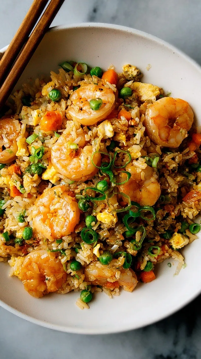 Bowl of homemade shrimp fried rice with vegetables and chopsticks on a wooden table