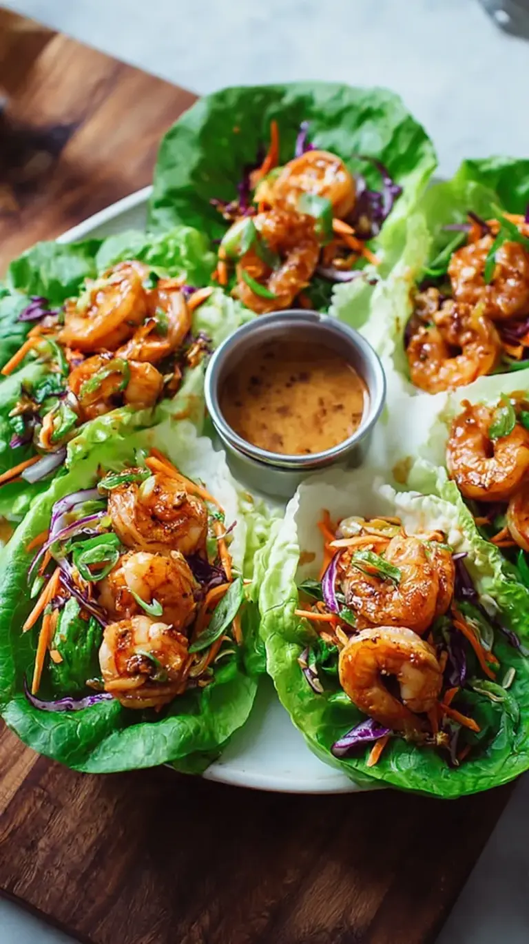 Fresh shrimp lettuce wraps in butter lettuce cups topped with peanuts and cilantro