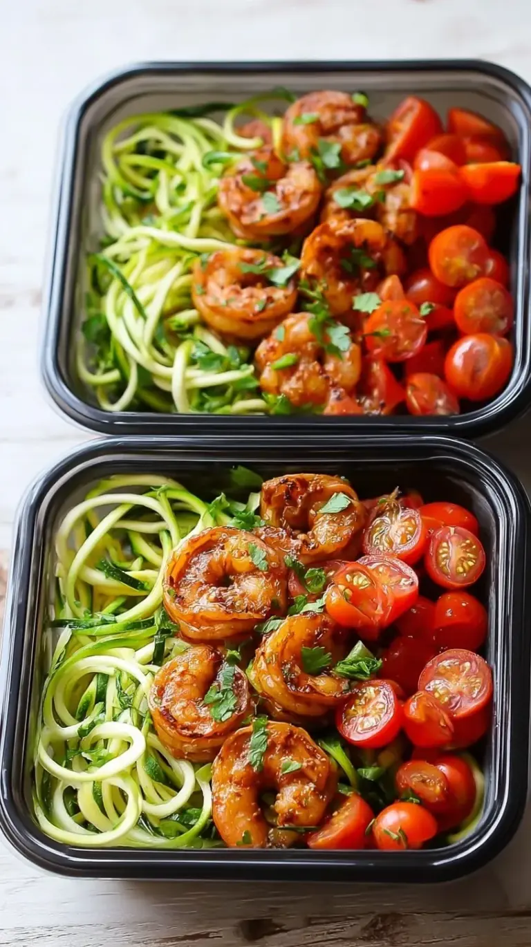 Glass meal prep containers filled with lemon garlic shrimp and fresh zucchini noodles garnished with parsley