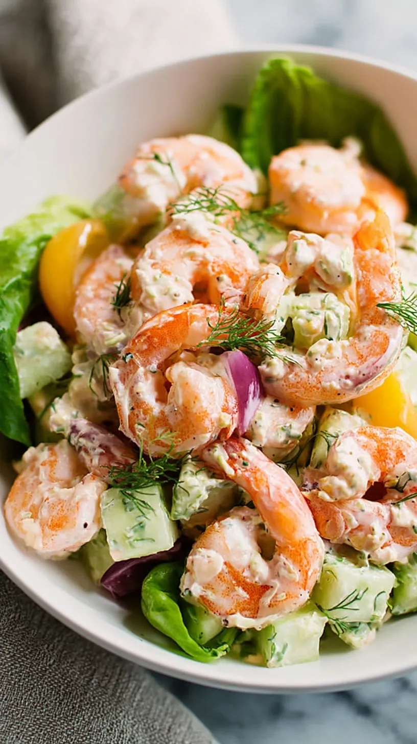 Close-up of a vibrant, creamy shrimp salad in a bowl, garnished with fresh dill and lemon wedges, ready to be served.