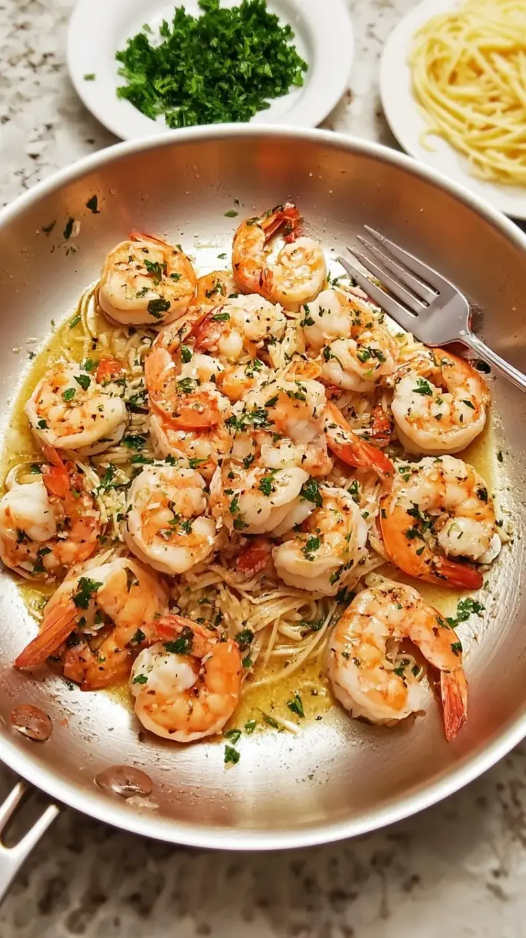 A close-up of a bowl of golden Shrimp Scampi with linguine, garnished with fresh parsley and lemon wedges.