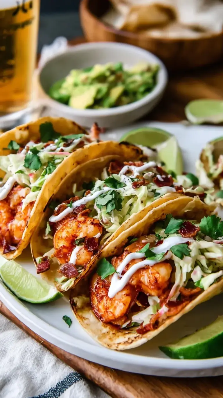 Platter of shrimp tacos topped with purple cabbage bacon slaw and avocado slices