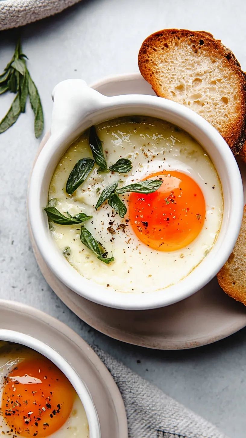 Simple baked eggs with golden yolks in white ramekins garnished with fresh herbs on rustic wooden table