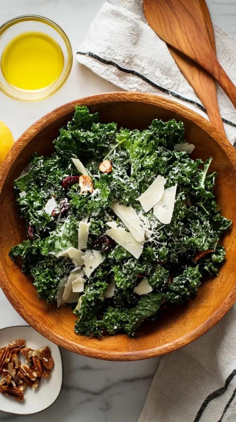 A fresh bowl of massaged curly kale salad with lemon and parmesan cheese.