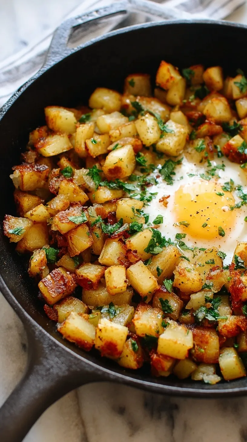A cast iron skillet filled with perfectly golden and crispy Skillet Breakfast Potatoes, garnished with fresh parsley.