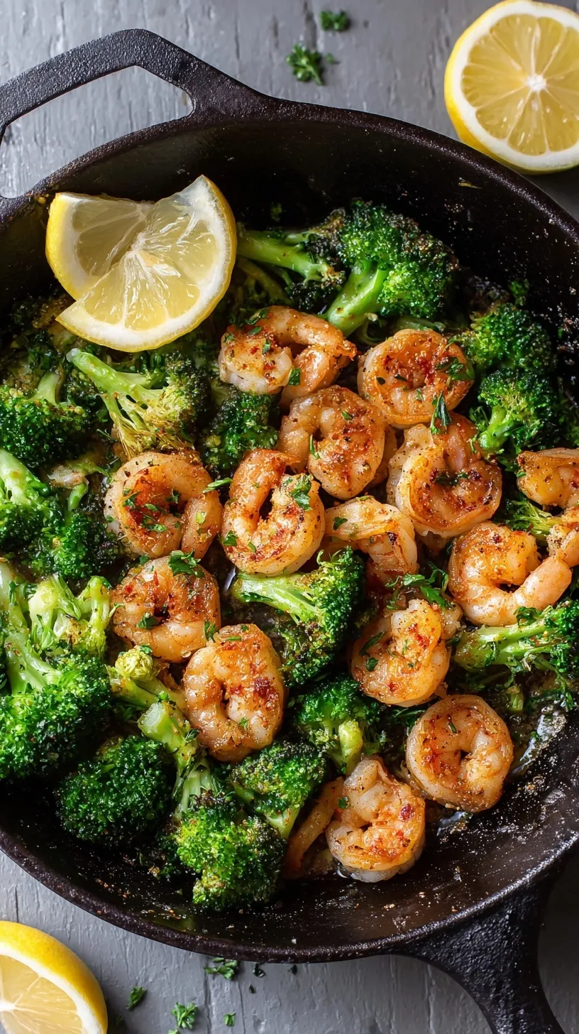 Succulent shrimp and green broccoli florets in a glistening garlic butter sauce in a cast iron skillet