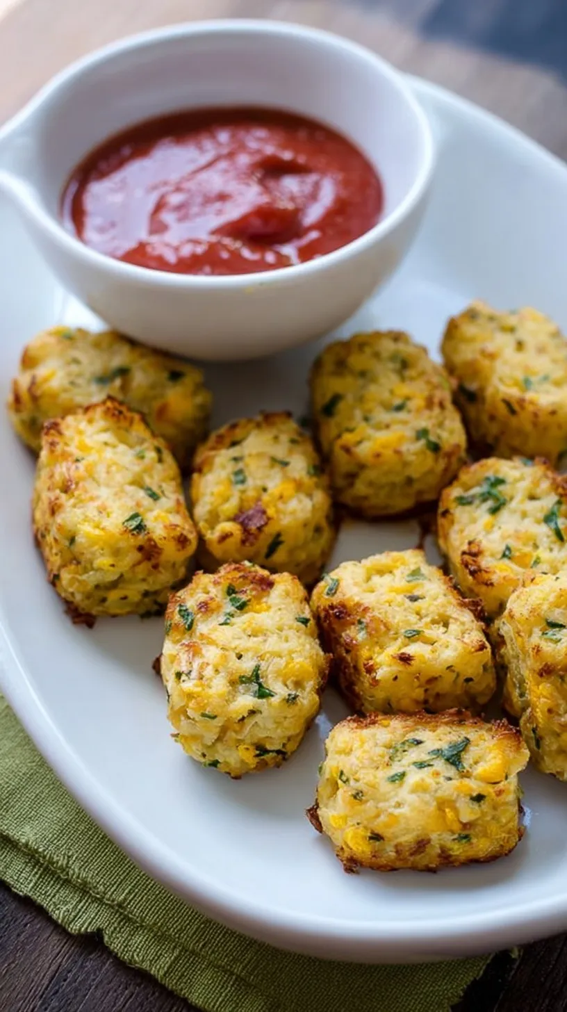 Golden brown baked cauliflower tots on a parchment-lined baking sheet with fresh parsley garnish