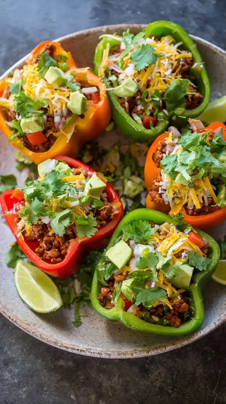 Six colorful bell pepper halves filled with taco meat and melted cheese on a baking sheet
