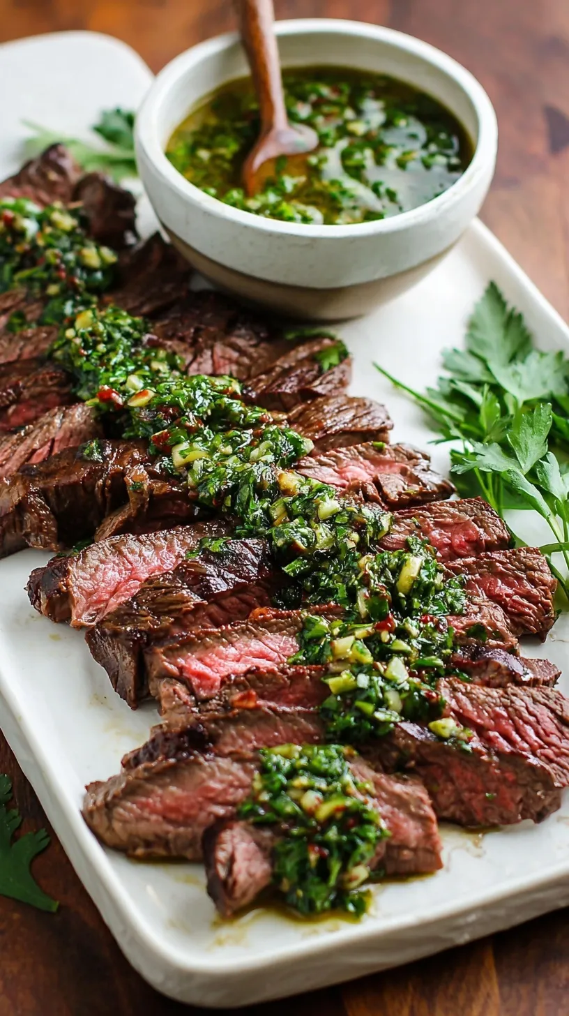 Perfectly grilled skirt steak slices fanned out on a wooden board, generously drizzled with bright green chimichurri sauce.